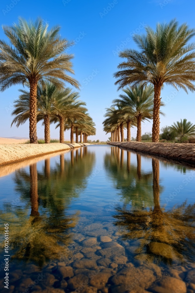 Vertical view of a serene palm-lined waterway featuring clear, reflective water showcasing rows of date palm trees against a bright blue sky. Nature and travel concept Vertical view of a serene palm-lined waterway featuring clear, reflective water showcasing rows of date palm trees against a bright blue sky. Nature and travel concept
