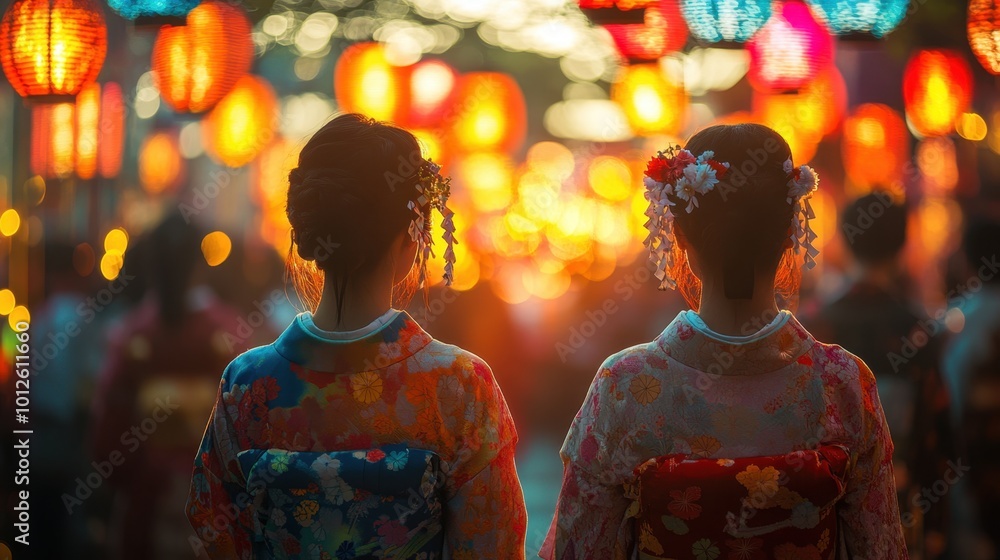 A traditional Japanese festival at night, with shadowy yokai figures blending with the festive crowd, the vibrant colors of lanterns and kimonos creating a dynamic contrast A traditional Japanese festival at night, with shadowy yokai figures blending with the festive crowd, the vibrant colors of lanterns and kimonos creating a dynamic contrast