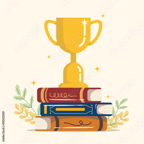 Gold trophy cup with stack of books, Winner prize goblet. Learn and succeed concept.
