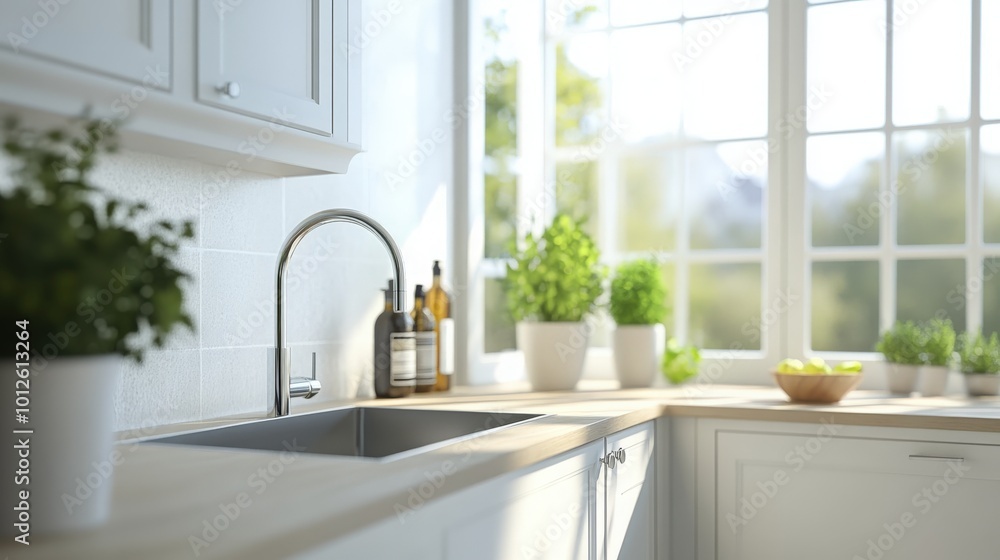 A modern kitchen interior features a stylish cabinet, a polished sink, and a bright window that brings the outdoors in. A modern kitchen interior features a stylish cabinet, a polished sink, and a bright window that brings the outdoors in.