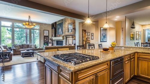 A modern kitchen interior showcases a stunning bar island, chic cabinets, and a state-of-the-art electric stove, designed for both beauty and functionality