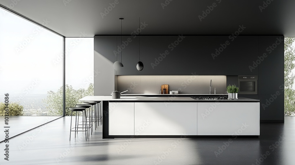 A modern minimalist kitchen featuring a functional island with comfortable stools. The expansive window fills the space with light, creating an inviting atmosphere for cooking and dining A modern minimalist kitchen featuring a functional island with comfortable stools. The expansive window fills the space with light, creating an inviting atmosphere for cooking and dining