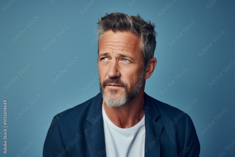 Serious mature man looking at camera while standing against blue background. Serious mature man looking at camera while standing against blue background.