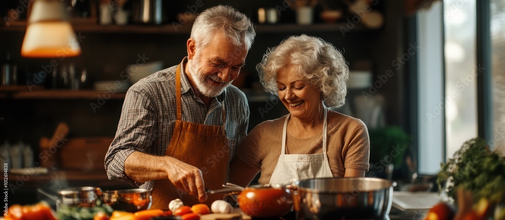 Happy senior couple cooking together in the kitchen. They are chopping vegetables and smiling at each other. Happy senior couple cooking together in the kitchen. They are chopping vegetables and smiling at each other.