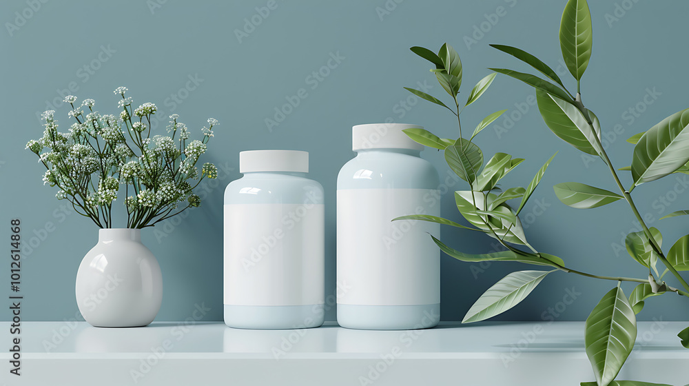 Two white supplement bottles with blank labels sit on a shelf with a white vase of small white flowers and leafy green plants. Two white supplement bottles with blank labels sit on a shelf with a white vase of small white flowers and leafy green plants.