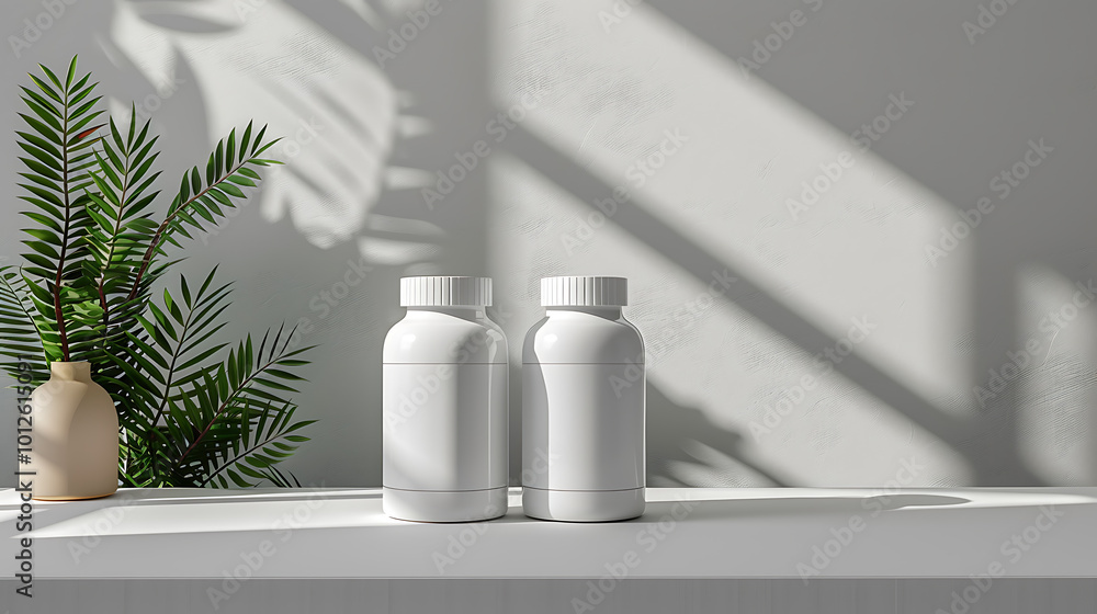 Two white pill bottles with blank labels sit on a white table with soft light from a window. Two white pill bottles with blank labels sit on a white table with soft light from a window.
