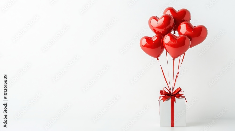 A romantic display showcases red heart-shaped balloons tied to a gift box against a pure white background, celebrating the essence of love and affection for Valentine's Day A romantic display showcases red heart-shaped balloons tied to a gift box against a pure white background, celebrating the essence of love and affection for Valentine's Day