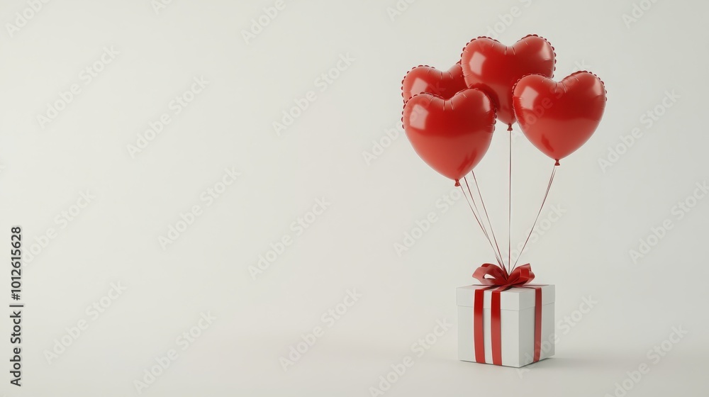 A romantic display showcases red heart-shaped balloons tied to a gift box against a pure white background, celebrating the essence of love and affection for Valentine's Day A romantic display showcases red heart-shaped balloons tied to a gift box against a pure white background, celebrating the essence of love and affection for Valentine's Day