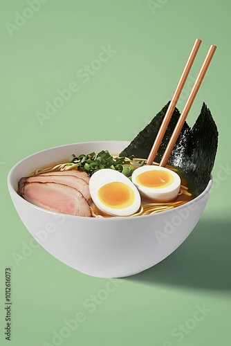 A 3D render of a bowl of ramen with glossy broth, sliced pork, softboiled egg, and seaweed, presented on a misty green background photo