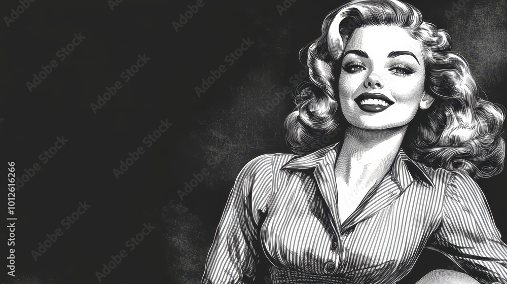 Flirty playful smiling pin-up woman in a classic vintage outfit, blouse and high-waisted skirt sketch engraving generative ai raster illustration. Scratch board imitation. Black and white image. Flirty playful smiling pin-up woman in a classic vintage outfit, blouse and high-waisted skirt sketch engraving generative ai raster illustration. Scratch board imitation. Black and white image.