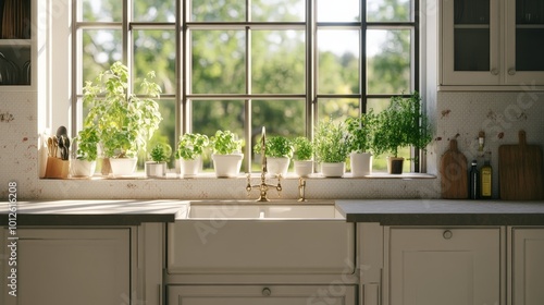 A well-appointed kitchen interior features a stylish cabinet and a spacious sink with a large window. The empty mockup table is an ideal space for showcasing recipes and decor ideas