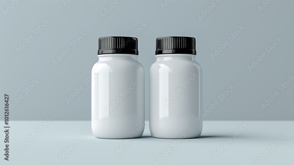 Two white pill bottles with black lids on a light blue background. Two white pill bottles with black lids on a light blue background.