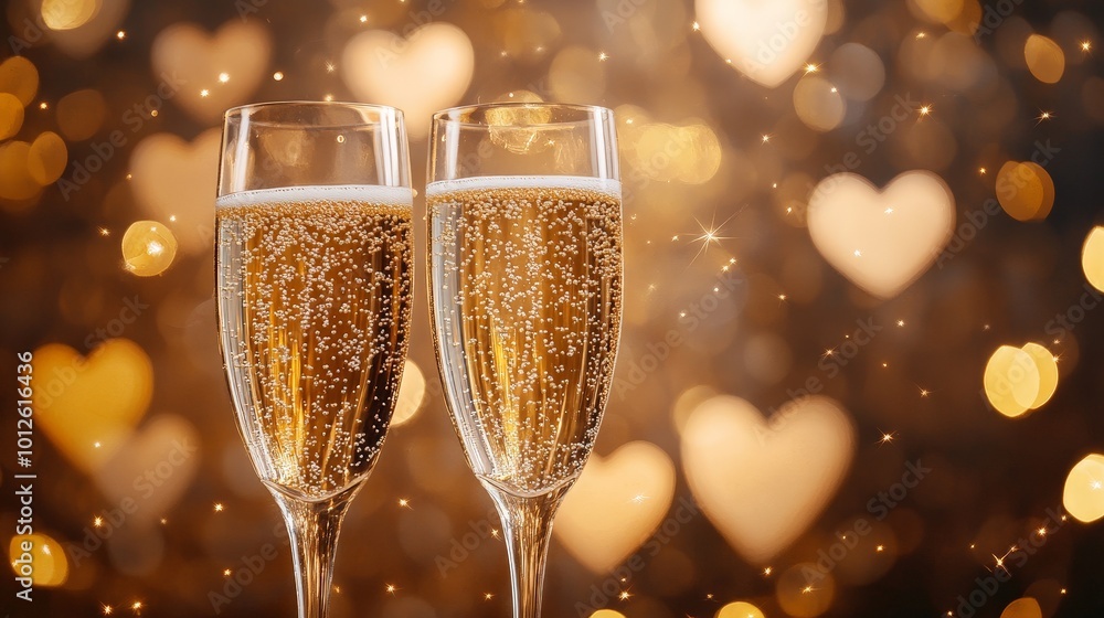 A whimsical arrangement of champagne glasses with golden bubbles is enhanced by a heart-patterned surface and a shimmering bokeh background, perfect for romantic celebrations A whimsical arrangement of champagne glasses with golden bubbles is enhanced by a heart-patterned surface and a shimmering bokeh background, perfect for romantic celebrations