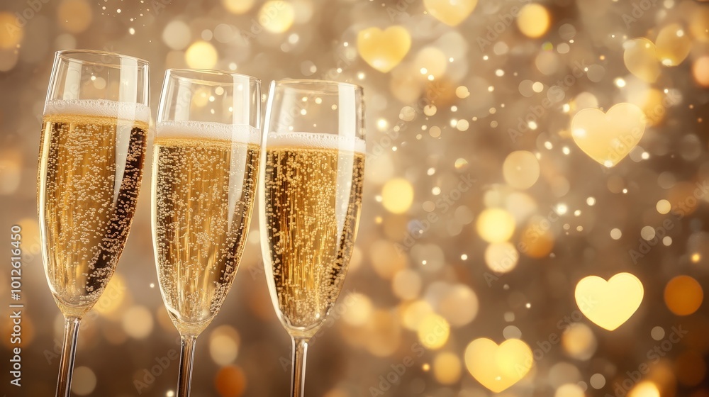 A whimsical arrangement of champagne glasses with golden bubbles is enhanced by a heart-patterned surface and a shimmering bokeh background, perfect for romantic celebrations A whimsical arrangement of champagne glasses with golden bubbles is enhanced by a heart-patterned surface and a shimmering bokeh background, perfect for romantic celebrations