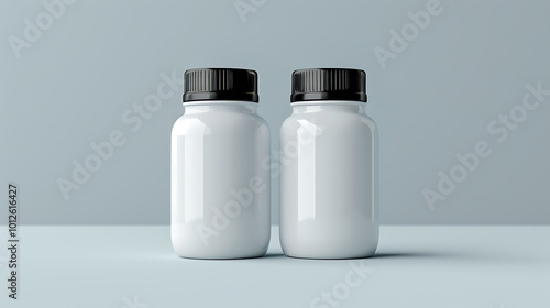 Two white pill bottles with black lids on a light blue background.