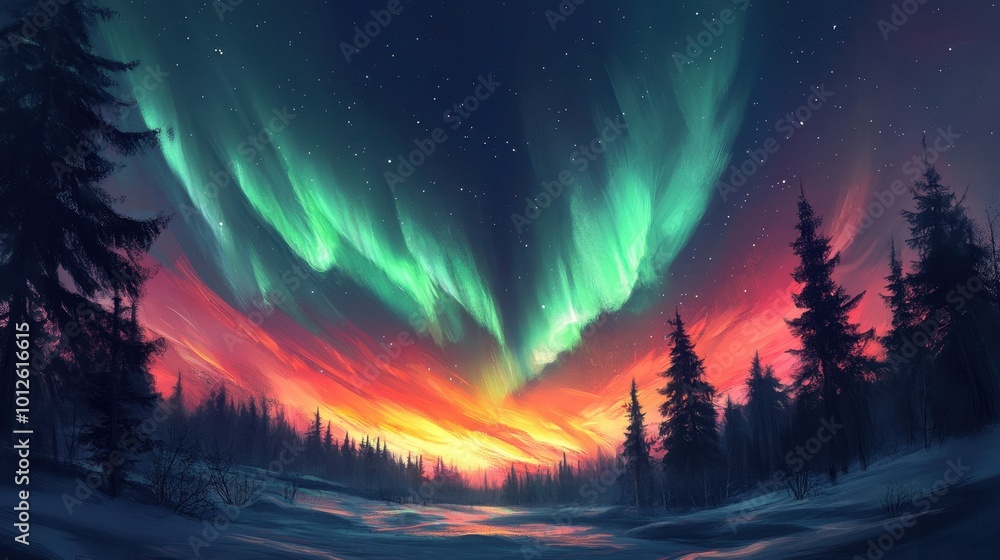 Beautiful Northern Lights aurora of the Nordic nature at night. Beautiful Northern Lights aurora of the Nordic nature at night.