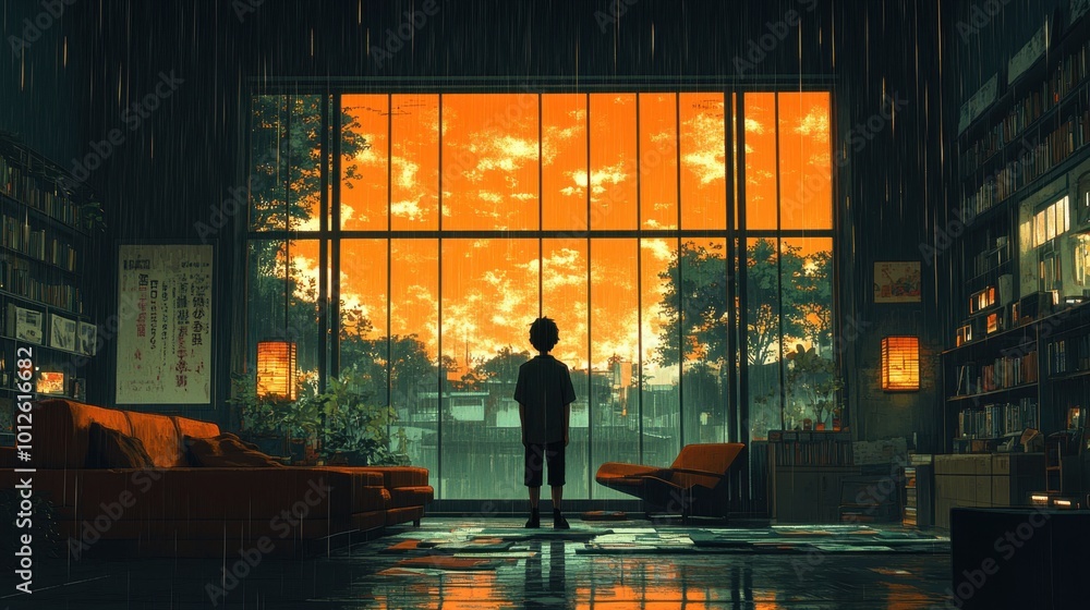 A wide view of the boy standing by the window in a 80’s Japanese anime-style room, looking out at the rainy night, surrounded by retro furniture and soft lighting A wide view of the boy standing by the window in a 80’s Japanese anime-style room, looking out at the rainy night, surrounded by retro furniture and soft lighting