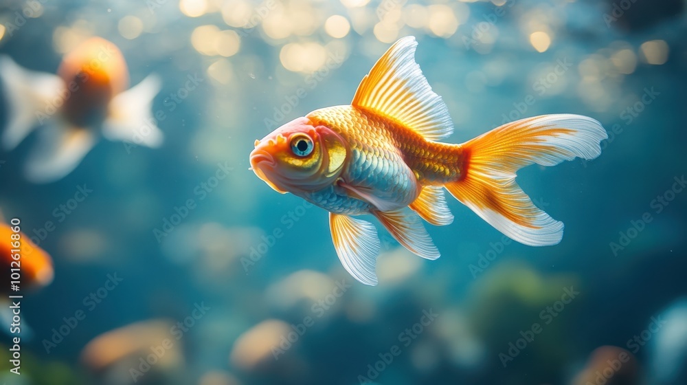 In a clear blue ocean, orange and white goldfish swim. In a clear blue ocean, orange and white goldfish swim.