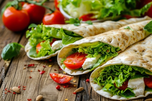 Italian piada wraps - piadina stuffed with fresh lettuce mozzarella and sliced tomatoes on wooden table. MZ