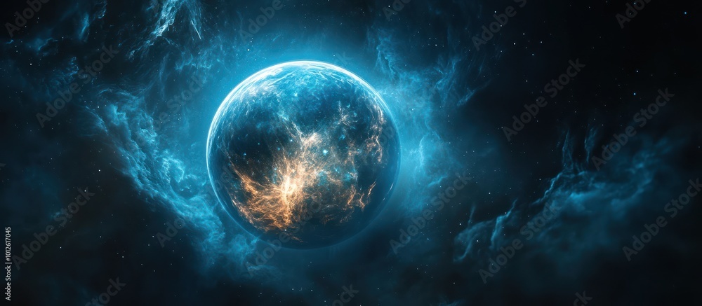 A glowing blue planet surrounded by swirling clouds in space. A glowing blue planet surrounded by swirling clouds in space.