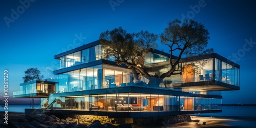 A modern glass house perched on the edge of a tranquil body of water, illuminated by the soft glow of twilight, with a tree reaching skyward through its core.