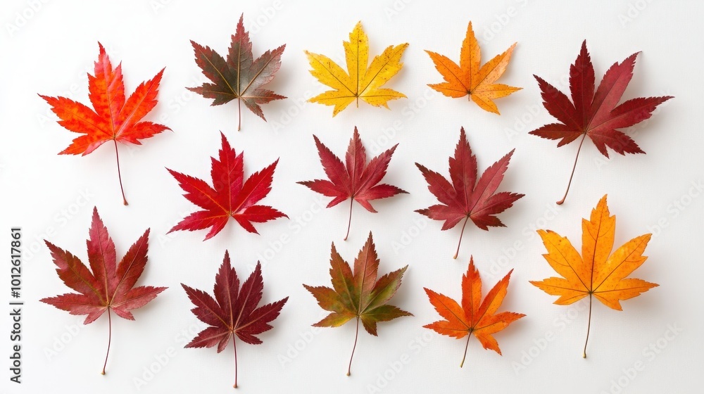 Elegant arrangement of maple leaves on a white background, capturing their intricate patterns and vibrant fall colors Elegant arrangement of maple leaves on a white background, capturing their intricate patterns and vibrant fall colors