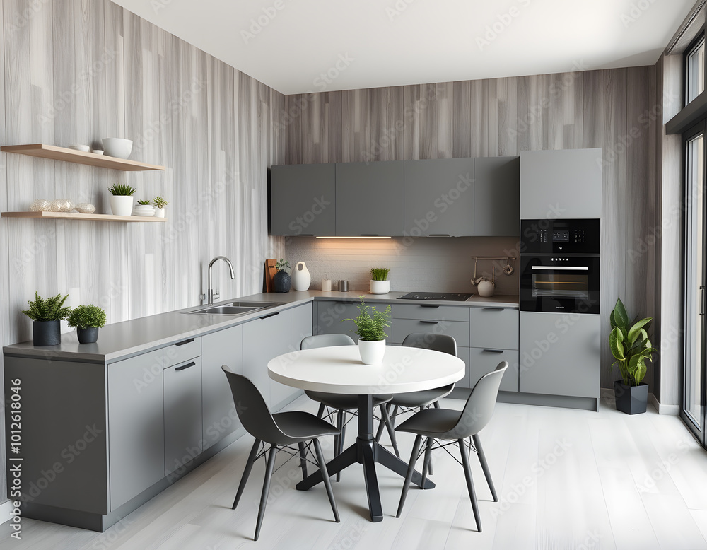A kitchen with a table and a potted plant on the table A kitchen with a table and a potted plant on the table