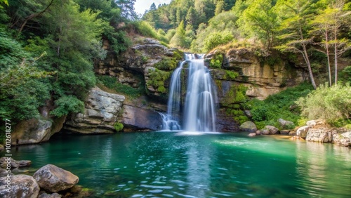 Distant Cascading Waterfall Down a Green Cliff