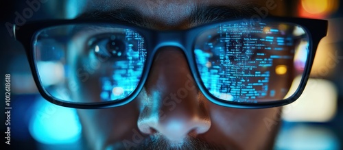 Wallpaper Mural Close up of a man wearing glasses with a computer screen reflected in them, showing a blue code. Torontodigital.ca