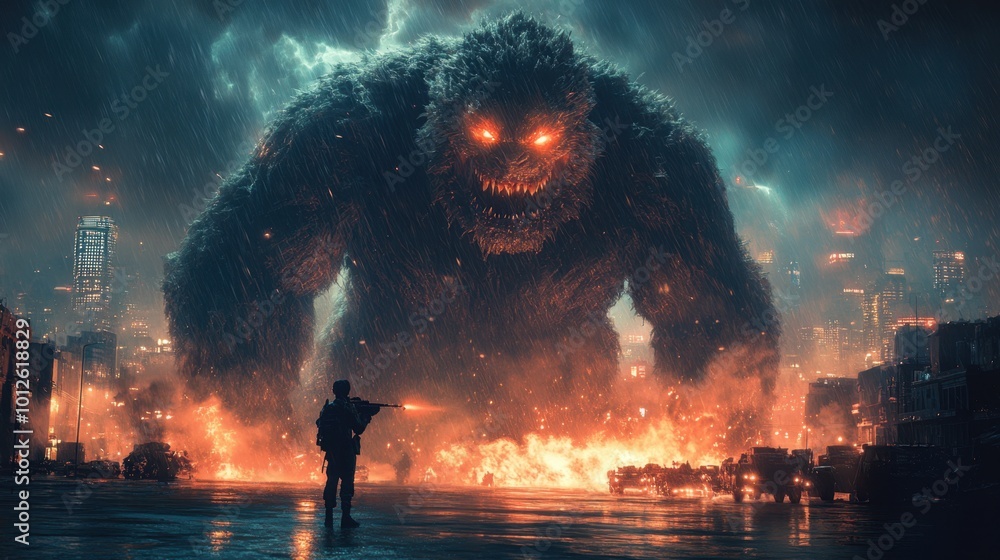 A wide-angle view of soldiers with weapons aimed at a colossal monster in the distance, its furious eyes glowing under the dark, rainy night sky A wide-angle view of soldiers with weapons aimed at a colossal monster in the distance, its furious eyes glowing under the dark, rainy night sky