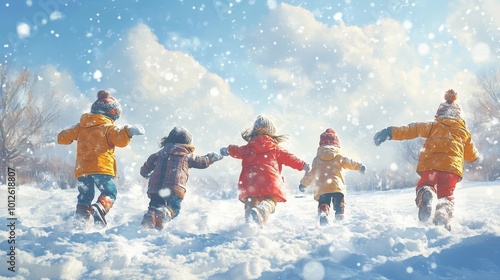 Group of children playing on snow in winter time, Created using generative AI tools.