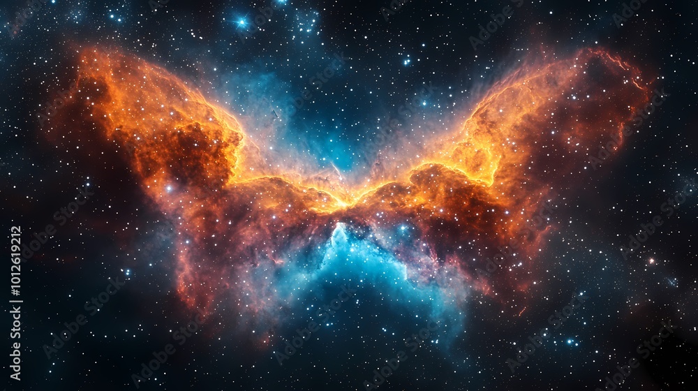 Fototapeta premium colorful butterfly-shaped nebula in the deep black of space background with generative