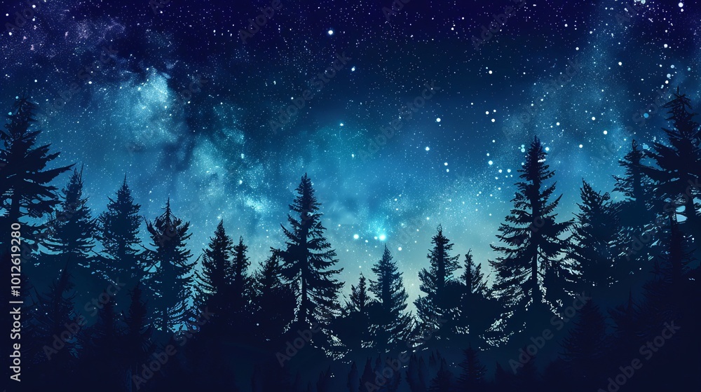 Naklejka premium Forest at night with a starry sky, night forest landscape