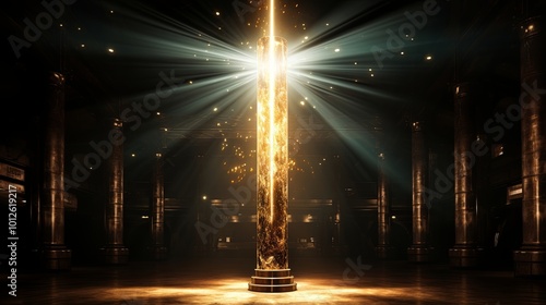 A luminous golden pillar emits radiant beams of light in a dimly lit chamber lined with weathered pillars. photo