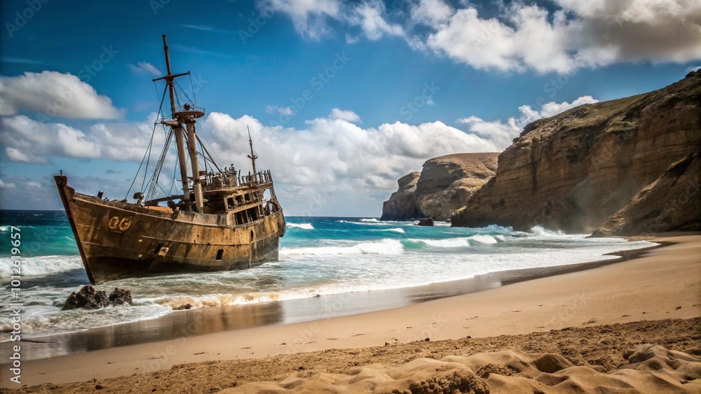 Solitary Shipwreck on a Remote Island Shoreline Solitary Shipwreck on a Remote Island Shoreline