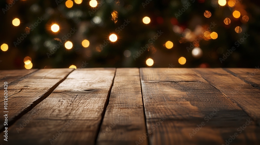 Elegant wooden table with a blurred Christmas light effect in the background, perfect for holiday displays Elegant wooden table with a blurred Christmas light effect in the background, perfect for holiday displays