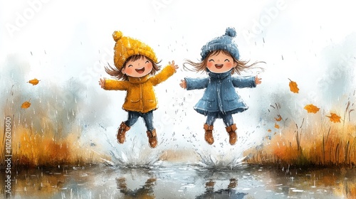 A zoomed-out minimal cartoon of a boy and girl jumping in the rain, with large puddles and open space in soft watercolor on a white background 
