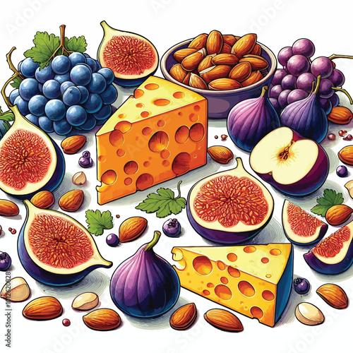 cheese and fruit set, with vibrant illustrations of cheddar cheese wedges, figs, grapes vector