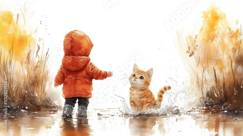 Wallpaper Mural A zoomed-out minimal cartoon of a child and a cat splashing in the rain together, surrounded by puddles and open space in watercolor on a white background  Torontodigital.ca