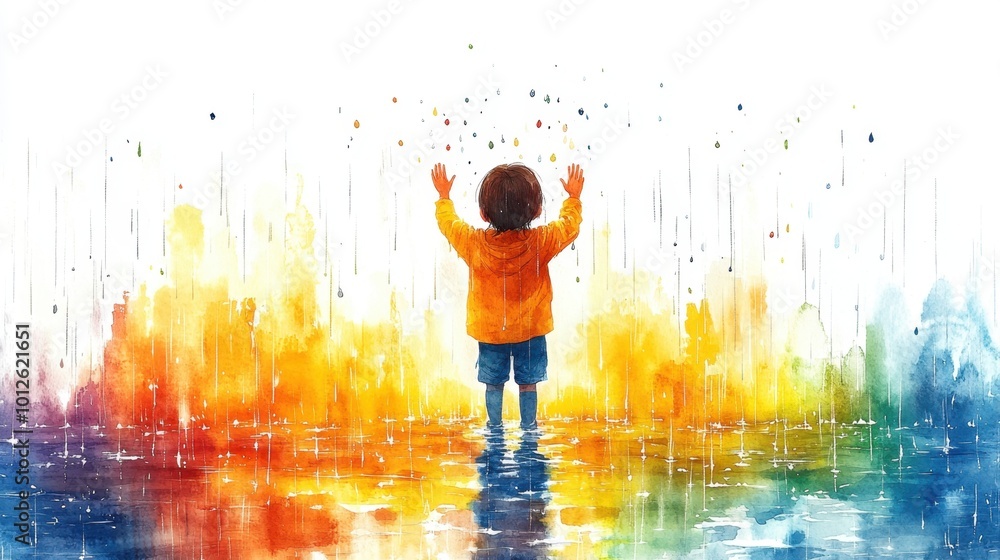 custom made wallpaper toronto digitalA zoomed-out minimal cartoon of a child catching raindrops with their hands, surrounded by more puddles and empty space in watercolor on a white background