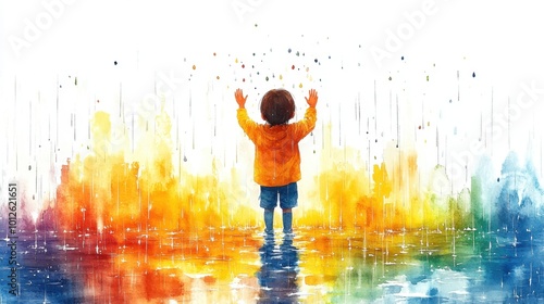 Wallpaper Mural A zoomed-out minimal cartoon of a child catching raindrops with their hands, surrounded by more puddles and empty space in watercolor on a white background  Torontodigital.ca