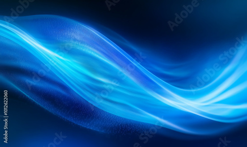 The image features a dynamic flow of abstract blue waves with glowing light effects, creating a sense of motion and energy