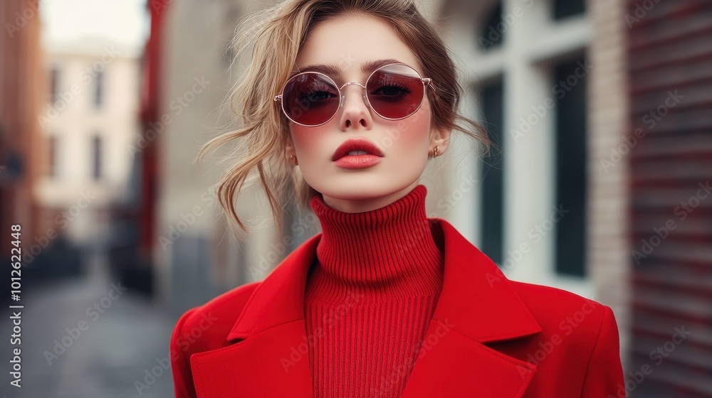 Fashion woman in trendy red outfit Total red look sunglasses red coat poloneck pants : Generative AI Fashion woman in trendy red outfit Total red look sunglasses red coat poloneck pants : Generative AI