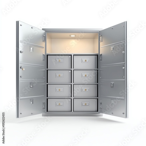 Open metal filing cabinet with several drawers on a white isolated background.