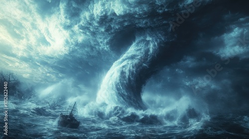 Generative AI image of raging tornado the middle of the ocean with a drifting boat