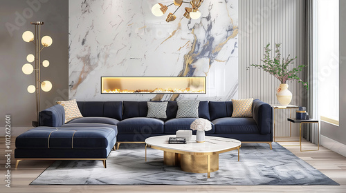 Sophisticated living room interior design with a navy blue sectional sofa, gold accents, and a marble fireplace as the focal point, exuding modern luxury.