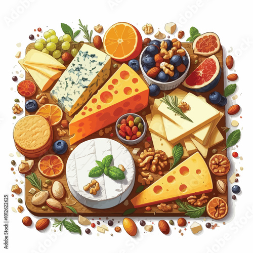 cheese board featuring a variety of cheeses like cheddar, mozzarella, and brie, paired with dried fruits vector