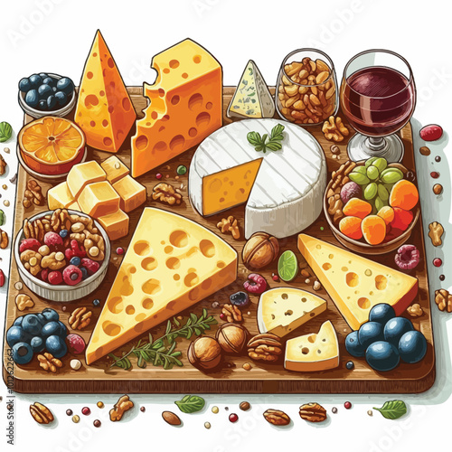 cheese board featuring a variety of cheeses like cheddar, mozzarella, and brie, paired with dried fruits vector