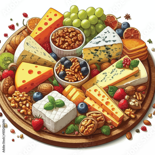 cheese board featuring a variety of cheeses like cheddar, mozzarella, and brie, paired with dried fruits vector