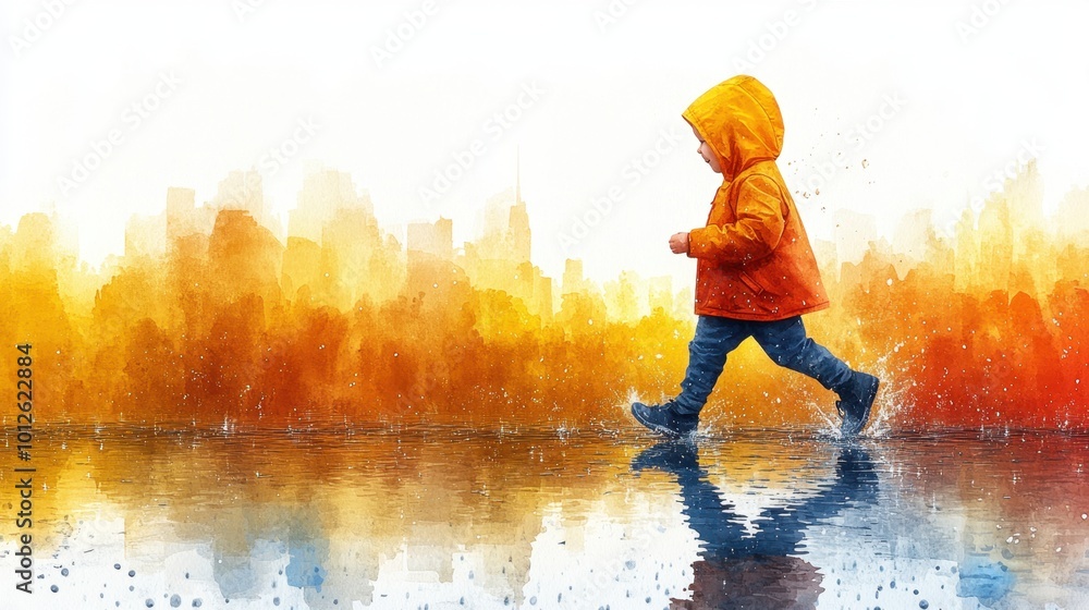 Fototapeta premium A zoomed-out minimal cartoon of a child running through the rain in a flowing raincoat, with large puddles and raindrops in watercolor on a white background